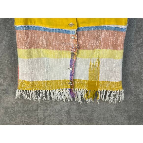 VTG David Warren Linen Blouse Medium Tapestry Fringe Tropical Summer - Picture 3 of 8
